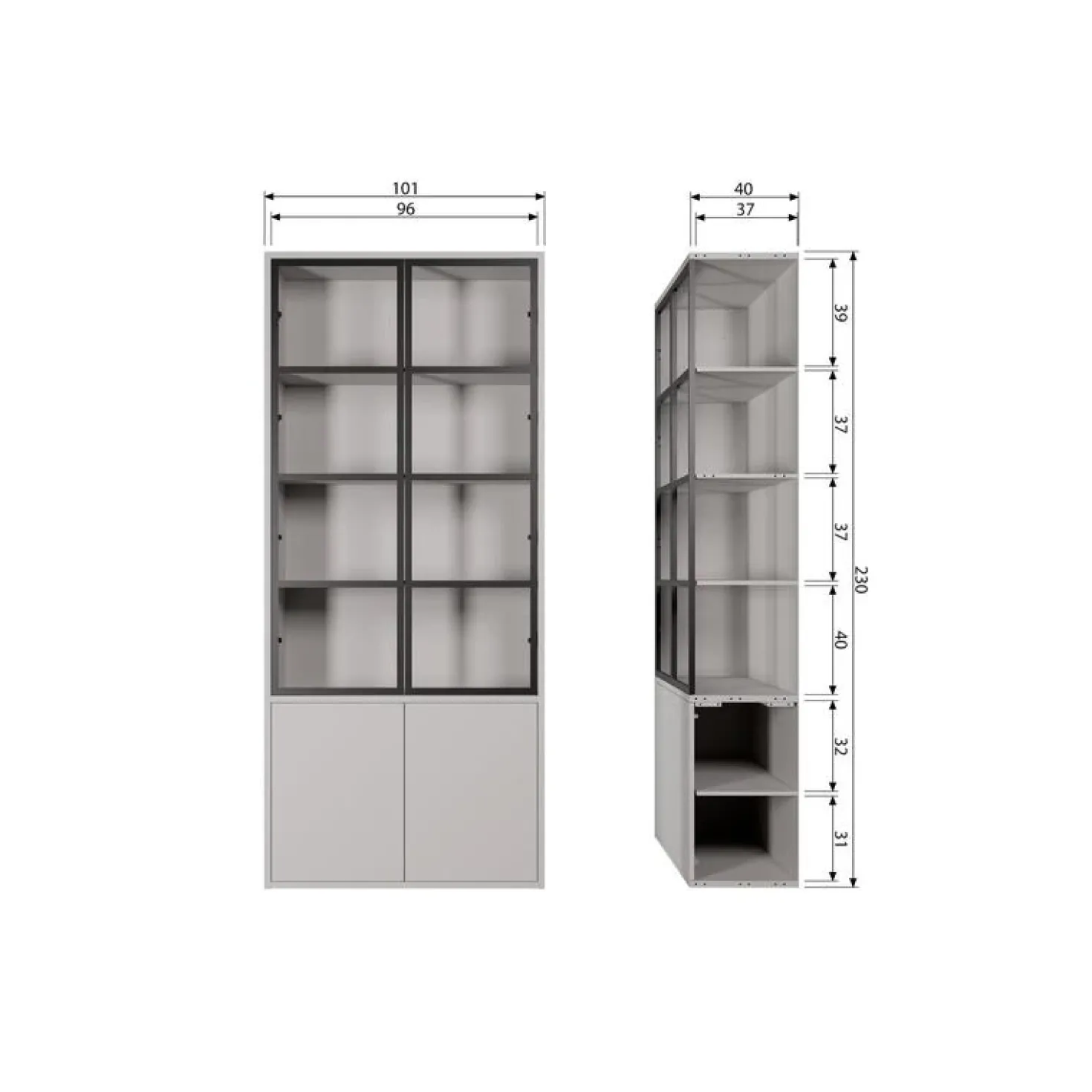 Basic Vitrinekast 4-deurs grenen grijs 101cm