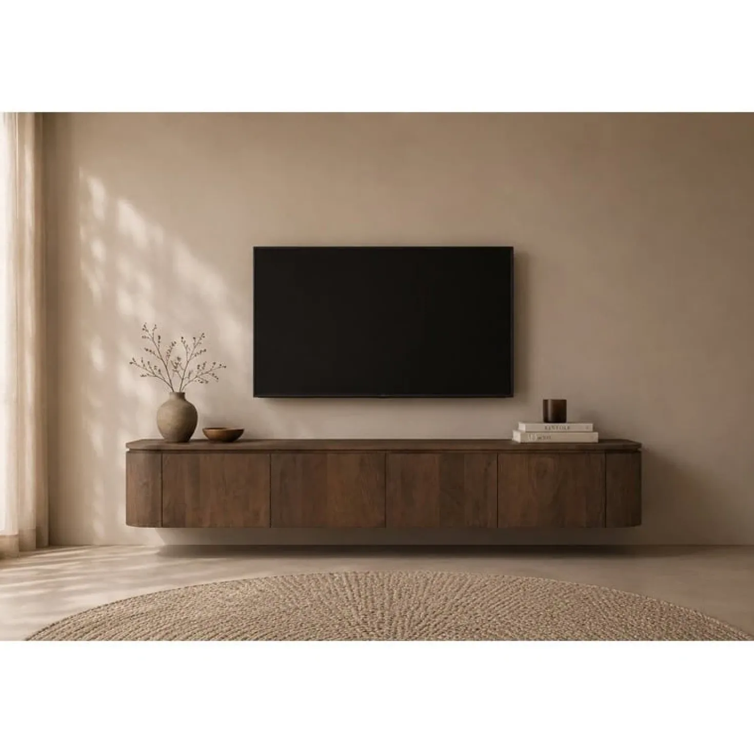 Cortez Zwevend Tv meubel rond walnoot 220cm