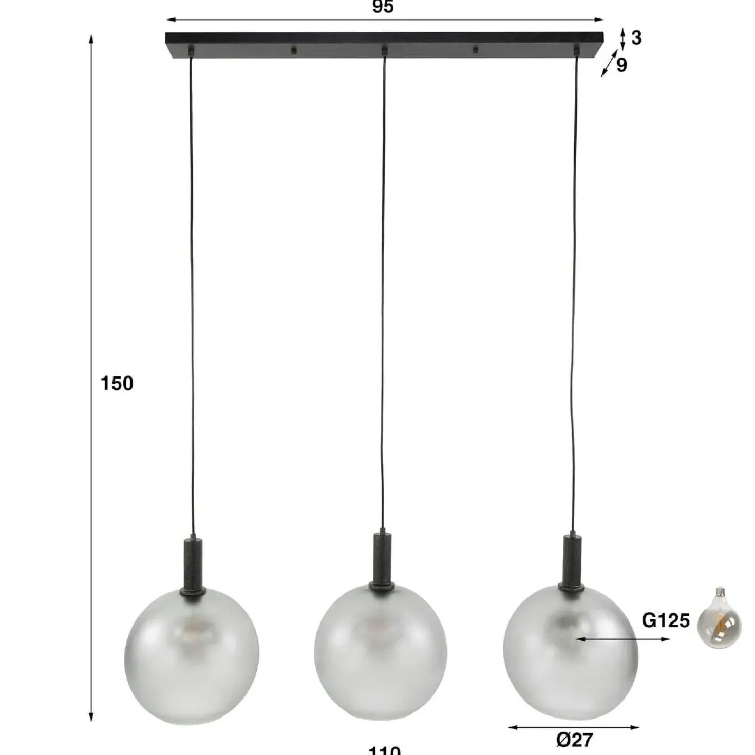 Dennis 3-lichts Hanglamp frosted grijs