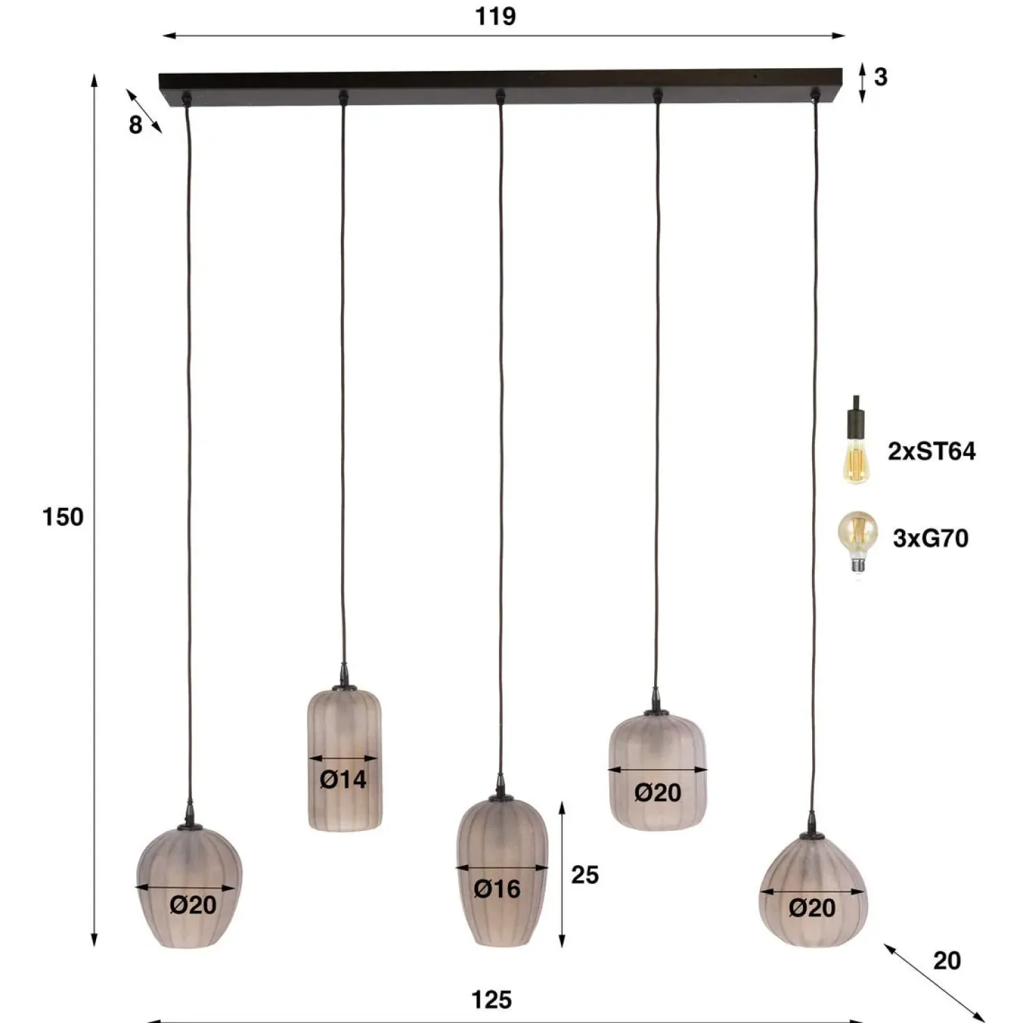 Nevada 5-lichts Hanglamp bruin-frosted glas