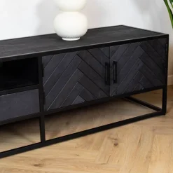 Scandi tv meubel industrieel mangohout visgraat zwart 210cm